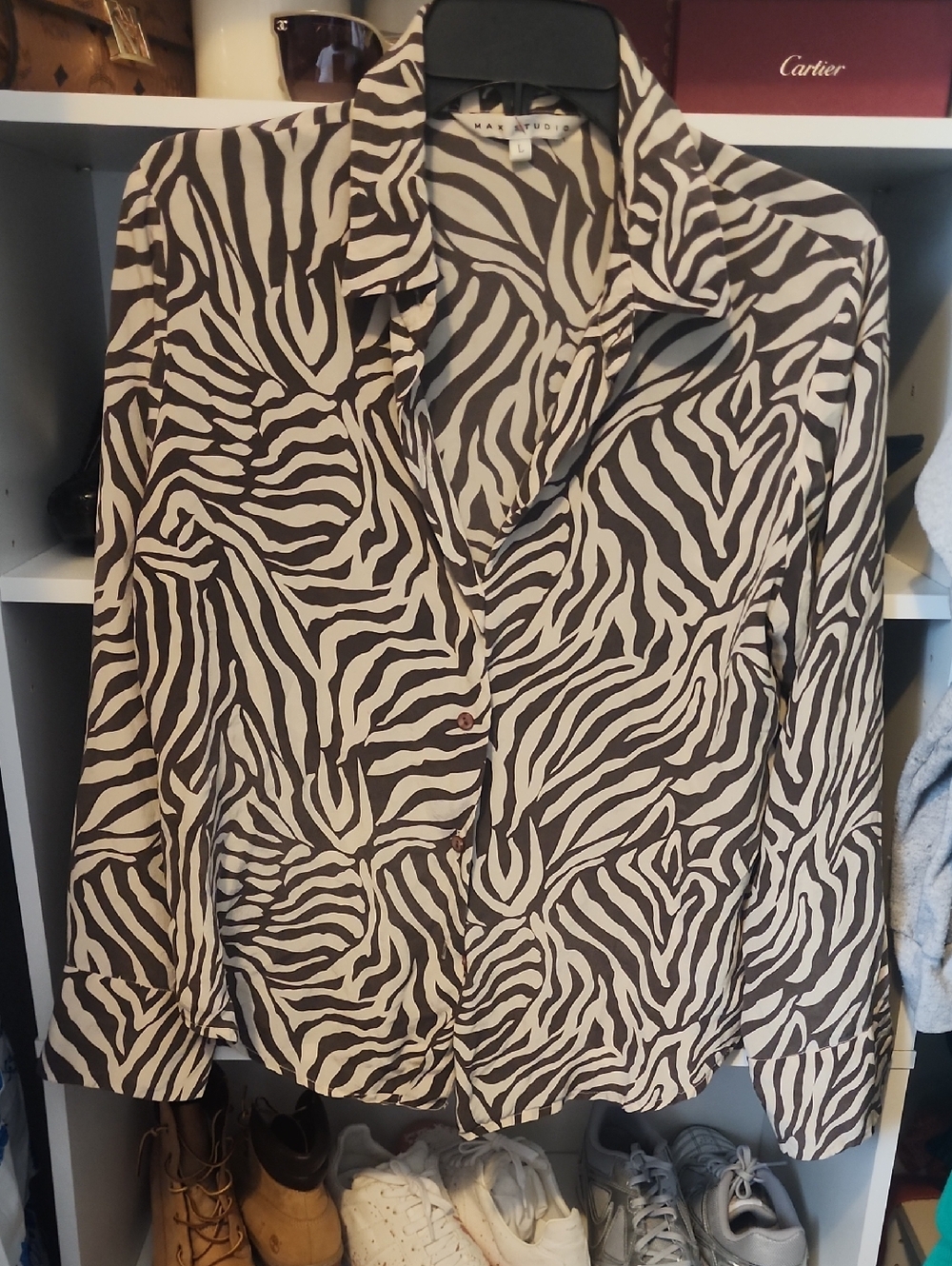 Max Studio Women's Zebra-Print Button-Down Shirt in Black & Cream